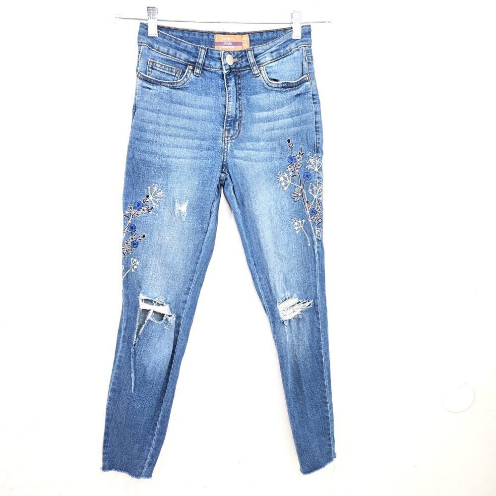 Janina Floral Embroidered Skinny Distressed Raw Hem Stretch Denim Stretch Jeans